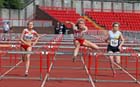 Jenny Gilmour (Gateshead) beats her twin sister Emma under-17 80 metre hurdles, North East Championships.